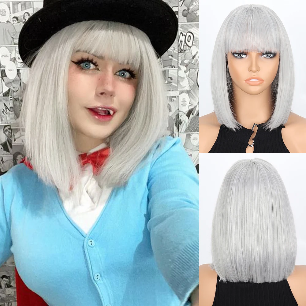 

Gray Short Straight Bob Wigs with Bangs Natural Synthetic Hair for Women Wigs Daily Cosplay Heat Resistant Fiber Gray Hair