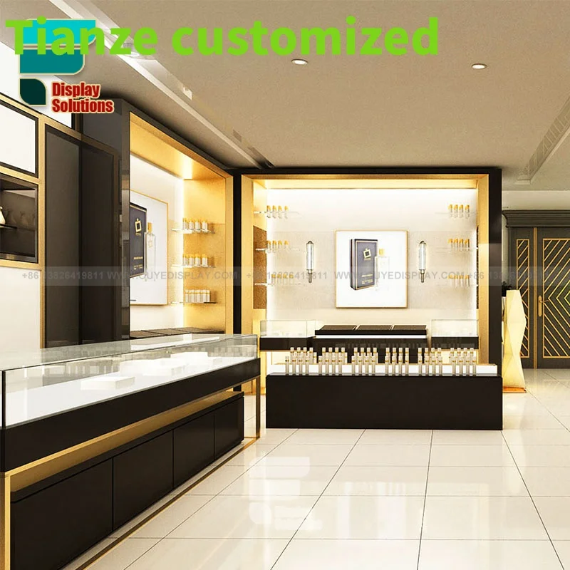 

Customized-Luxury Modern Wood Decoration Perfume Shop Black And Golden Perfume Retail Display Perfume Display Showcase