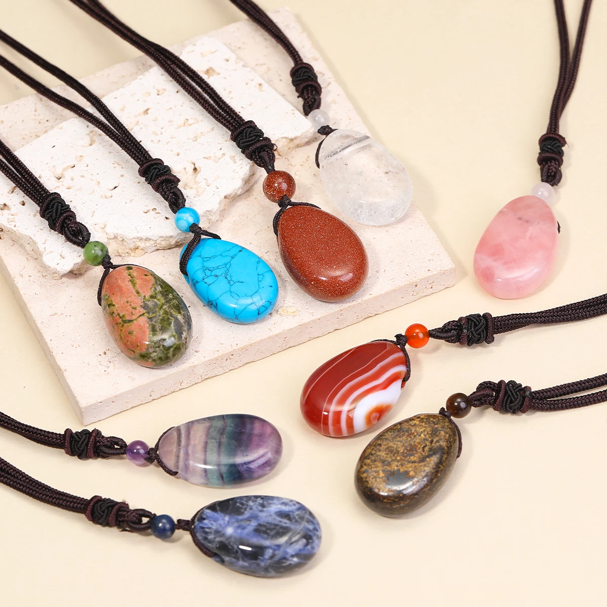 Collier pendentif gouttelette d'eau naturelle Simple et décontracté, améthyste opale obsidienne, Agate rouge, chaîne à cordon réglable