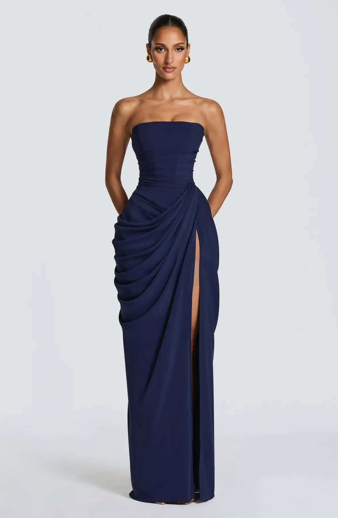 Onregelmatige geplooide split gele strapless jurk dames elegante mouwloze rugloze hoge taille feestjurk nieuwe dame date baljurk - afbeelding 1