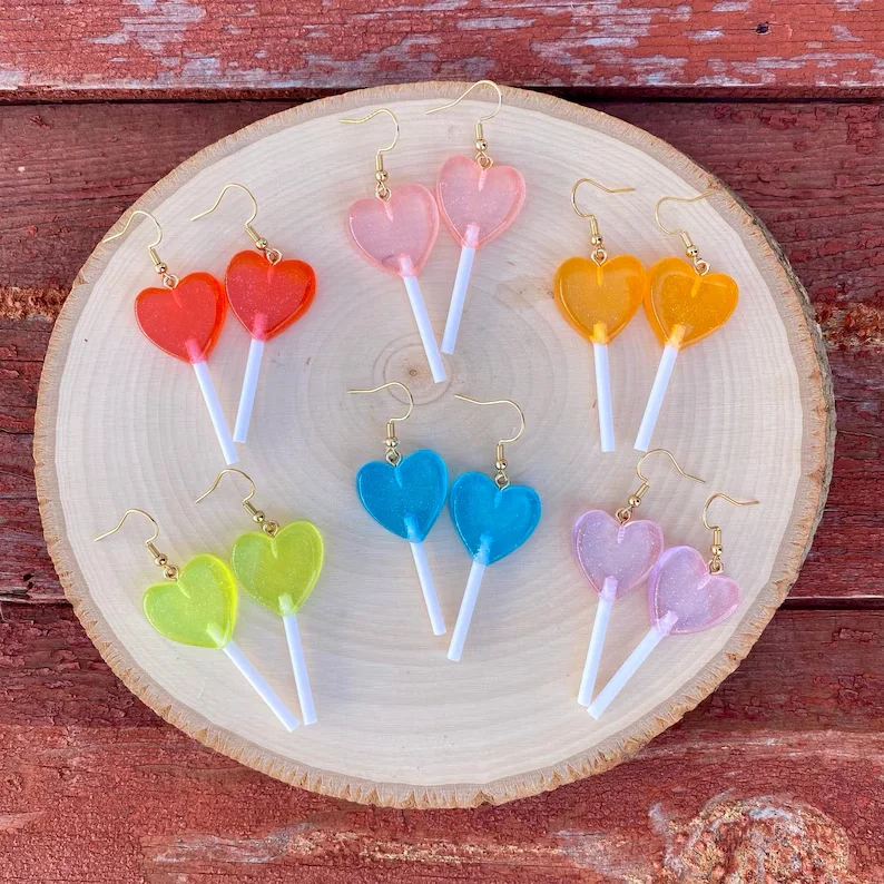 1 Pair Glitter Heart Sucker Valentine’s Day Candy Lollipop Holiday Novelty Unique Dangle Earrings