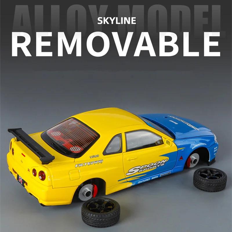 1:18 Skyline Ares GTR GT-R R34 pista de aleación modelo de coche deportivo Diecast Metal coche de carreras vehículo modelo sonido y luz niños juguete para regalo