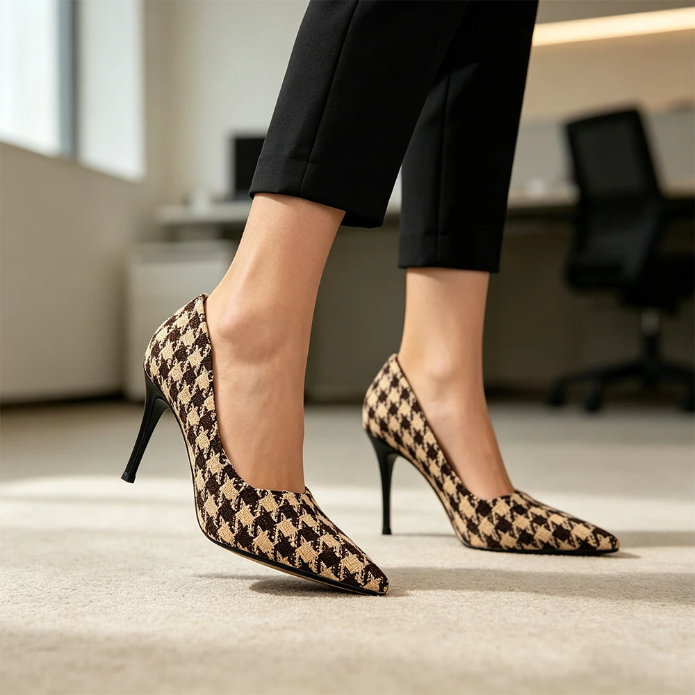 

Women Vintage Coquette Houndstooth Heels 9cm Black Yellow Plaid Pointed Toe Pumps Office Party Shoes Non Slip Retro Fashion New