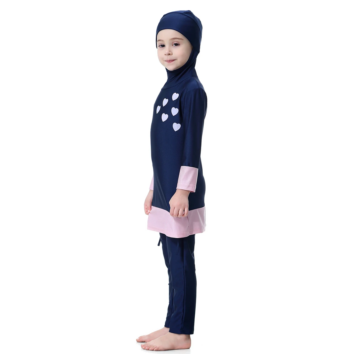 Lovely Muslim Girls Swimwear Burkini Baby Child Teens 1-16Y Islamic Hooded Swimsuit Full Cover Quick Dry Hearts Printing image 3