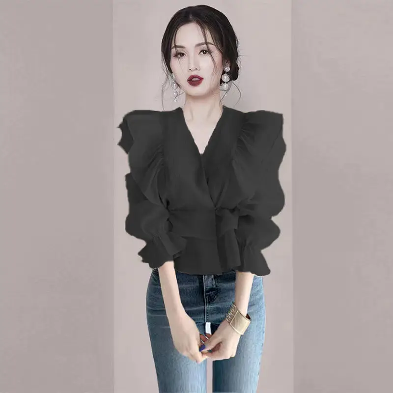 Elegant V-Neck Spliced Irregular Princess Sleeve Ruffles Blouse Women\'s Clothing 2023 Summer New Casual Tops Office Lady Shirt