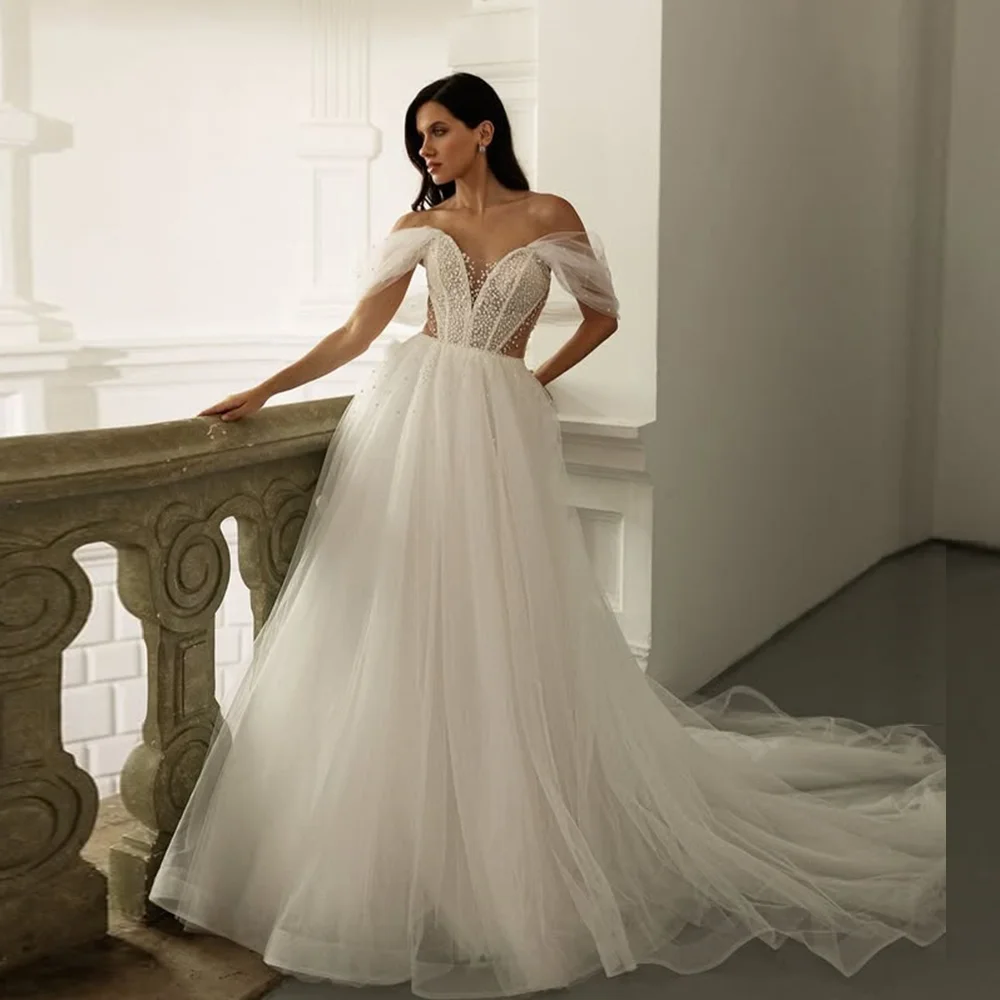 Modest Off the Shoulder Tulle A-line Women's Shiny Wedding Dress Backless A-line Wedding Gown with Pearls Sweep Trian Customized