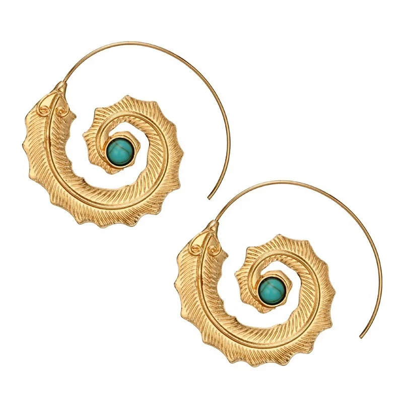 Fashion Minimalist Spiral Leaves With Green Rhinestone Hoop Earrings Personality Retro Punk Earrings For Women
