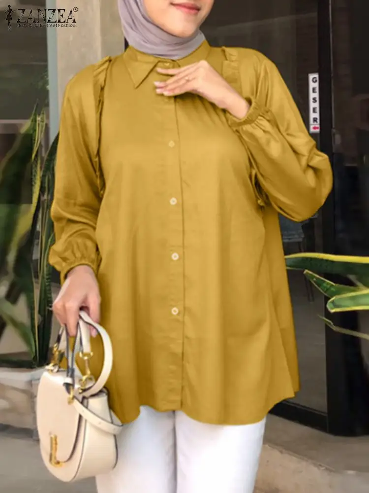 

Eid Mubarek Muslim Blouse ZANZEA Women Lapel Neck Long Sleeve Shirt Ramadan Abaya 2023 Autumn Solid Tops Casual Loose Work Blusa