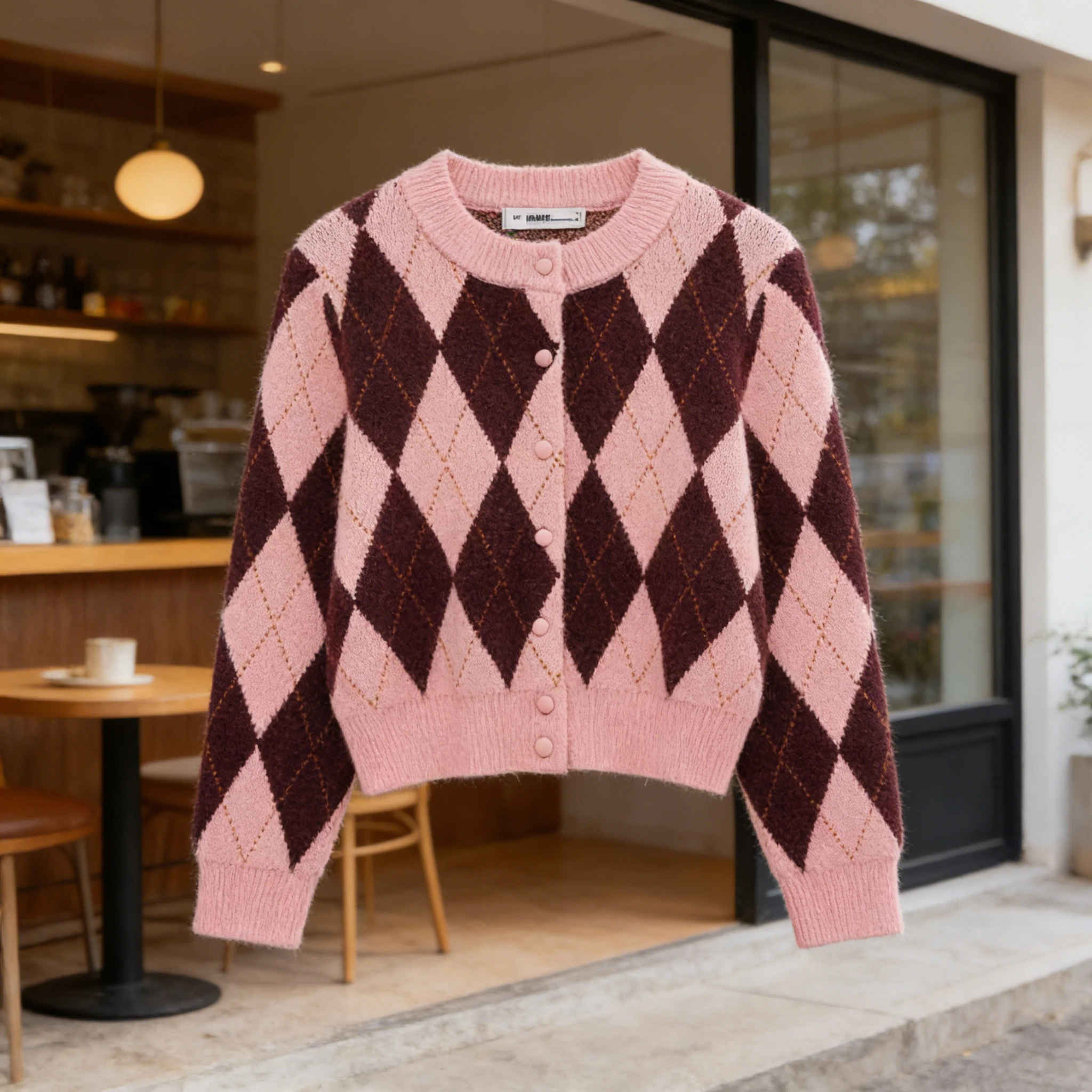 

Новый зимний женский кардиган с геометрическим принтом, винтажный трикотаж с длинным рукавом и круглым вырезом, однобортный, с открытой передней частью