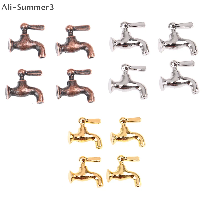 4pcs/set 1:12 Dollhouse Miniature Metal Water Tap Faucet Bathroom Accessories