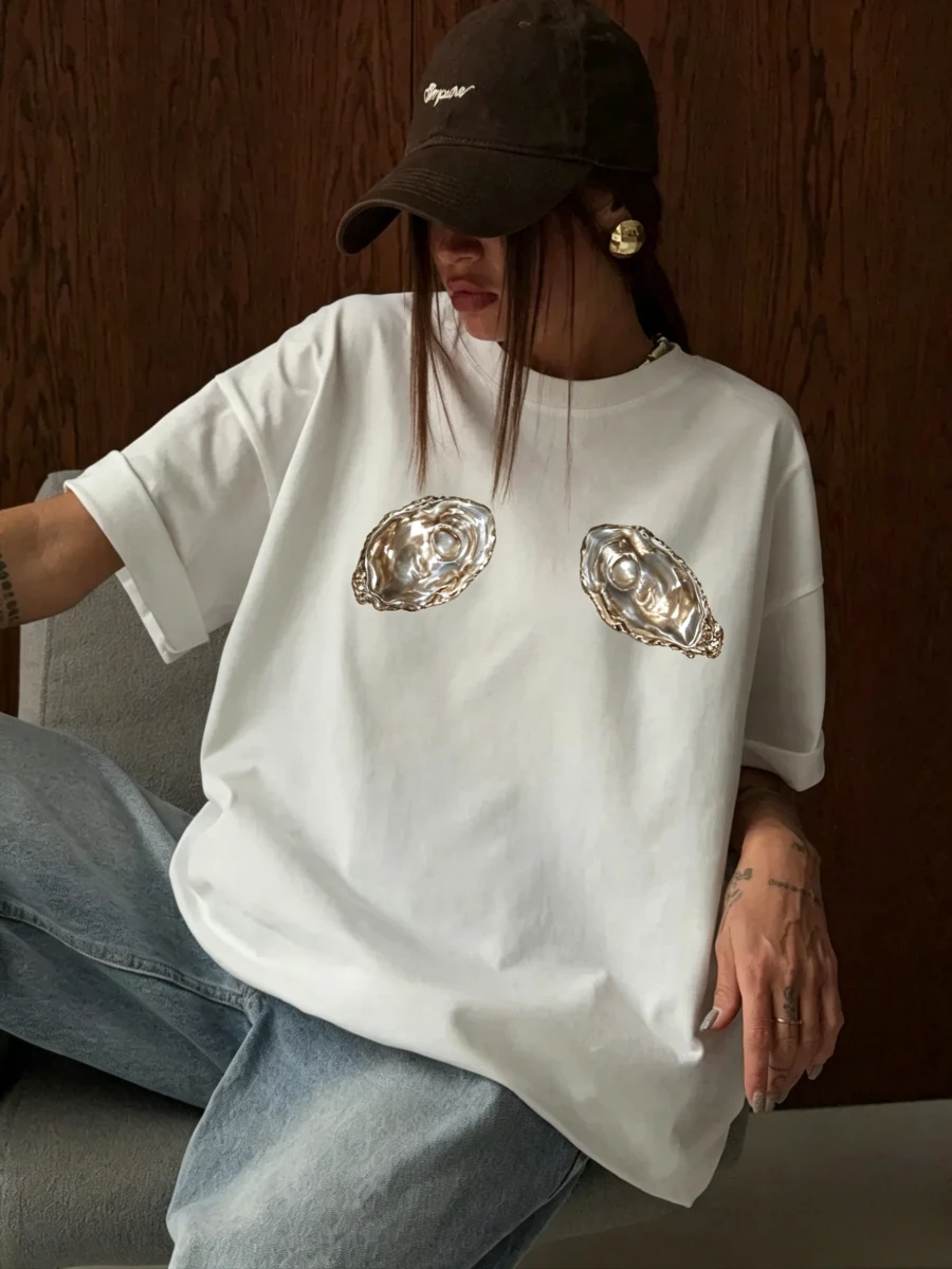 

2026 Summer New Women's 100% Cotton Oversized T-Shirt Niche Oyster Shell Print Streetwear Style Casual Versatile Top