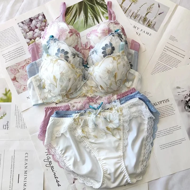 Embroidered Flower Bra Set Sweetheart Lingerie Sexy Top Bralette Panties Thin Comfortable Underwear