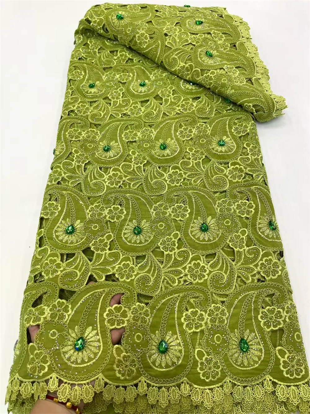

Luxury Chiffon African Fabric Lace High Quality 5 Yard 2025 In Green Rhinestones Fabric For Dresses Nigerian Lace Fabric A1257-1
