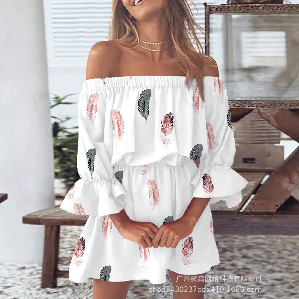 Mulheres sem alças slash neck pena impressão vestido de cintura alta babados sexy mini vestido