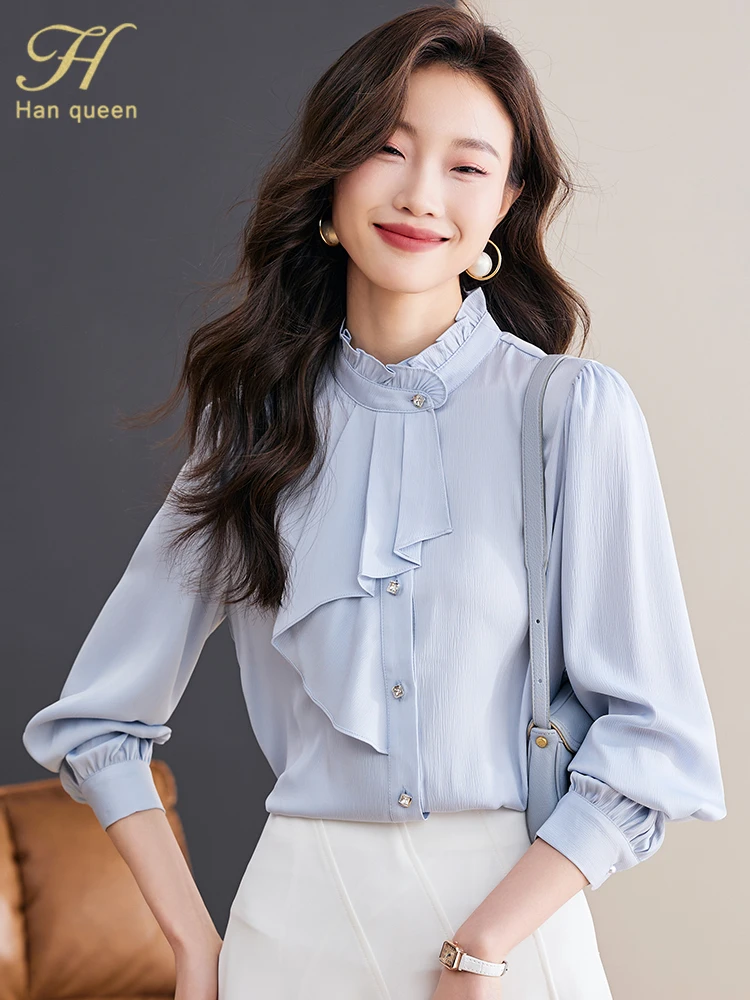 H Han Queen New 2024 Autumn Womans Clothing Loose Long Sleeve Chiffon Shirts & Blouses Ruffles Formal Casual Tops Vintage Shirt