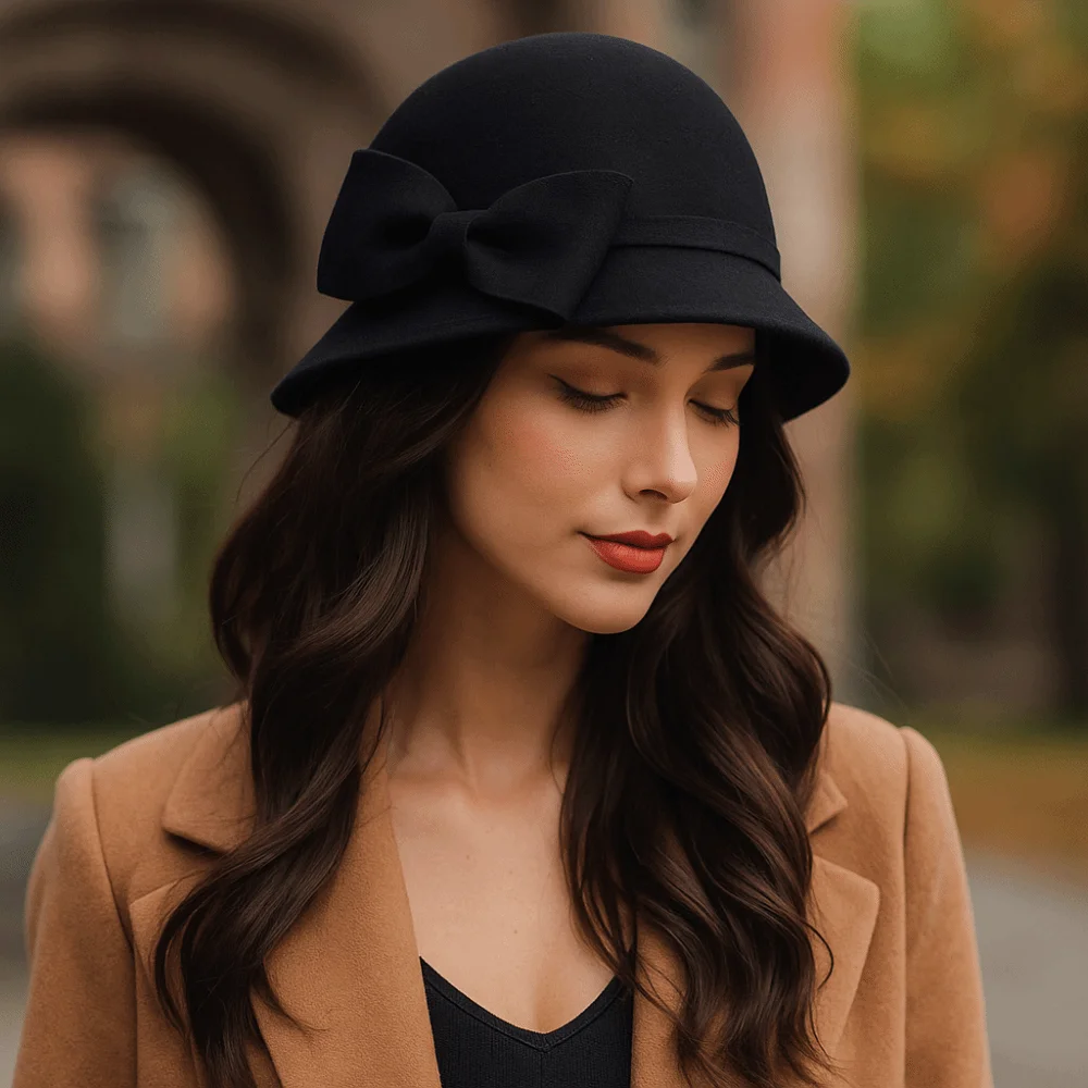 Fashion Solid Color Bow Topper Hat Keep Warm French Style Women Fisherman Hat Black Flat-top Woolen Bucket Hat Lady