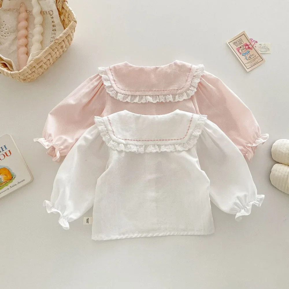 0-5Years Toddler Kids Long Sleeve Lace Peter Pan Collar Princess Tee Tops Outfits Spring Clothes Korea Style Children Girl Shirt