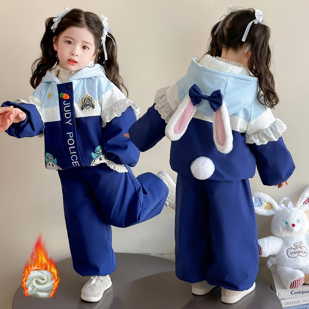 

Girls' Disney Judy Rabbit Fashion 2pc Set 2025 Winter Hooded Thickened Patchwork Jacket+Elastic Waist Pants Children's Outfit