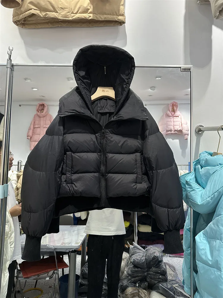 Jaqueta casual de puffer quente feminina, casaco 90% branco com capuz grande, curto, parka impermeável, feminina, inverno, novo, 2023