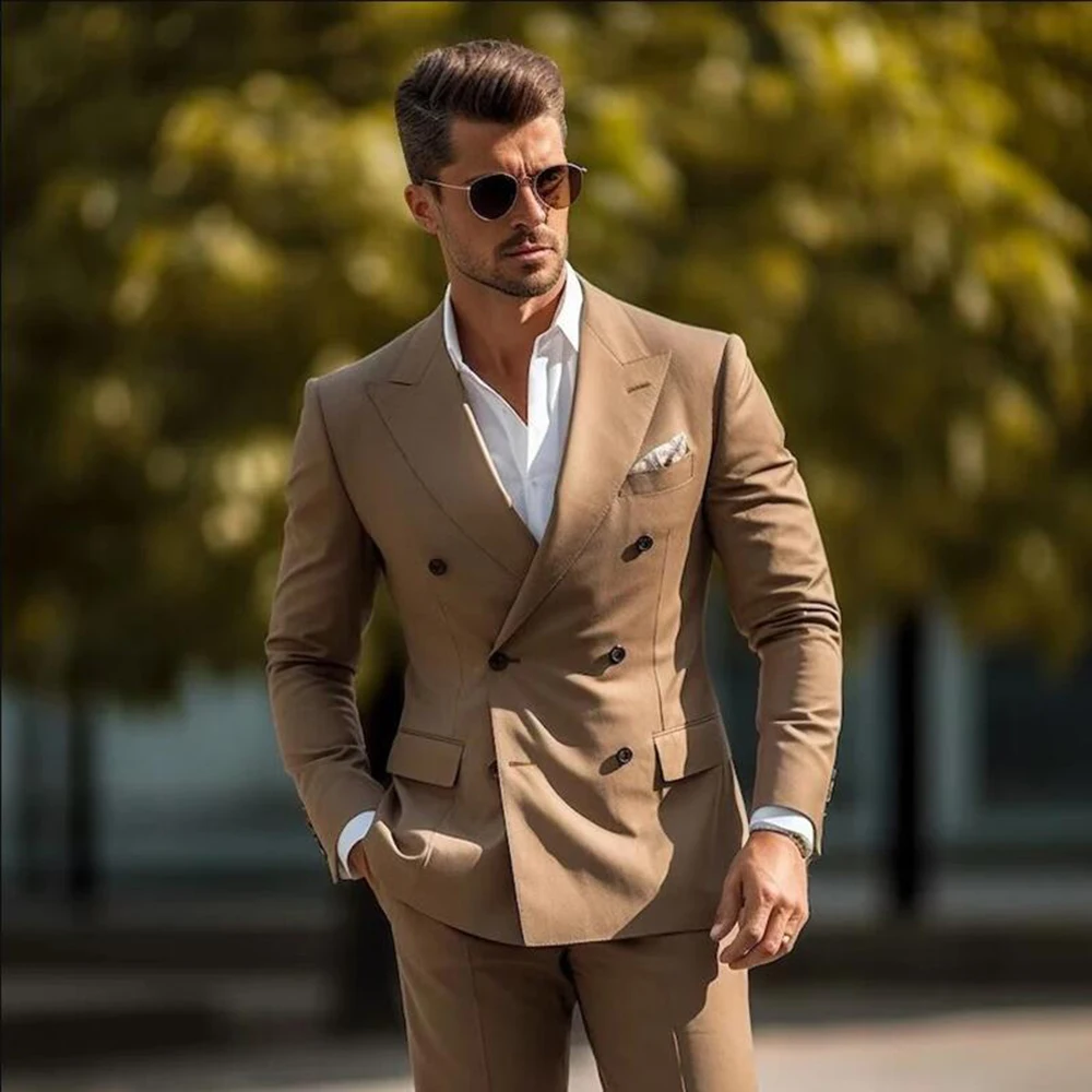 Elegant Khaki Men's Suits Double Breasted Peak Lapel Chic 2 Piece Jacket Pants Customized Outfits Wedding Groom Tuxedos Tenro