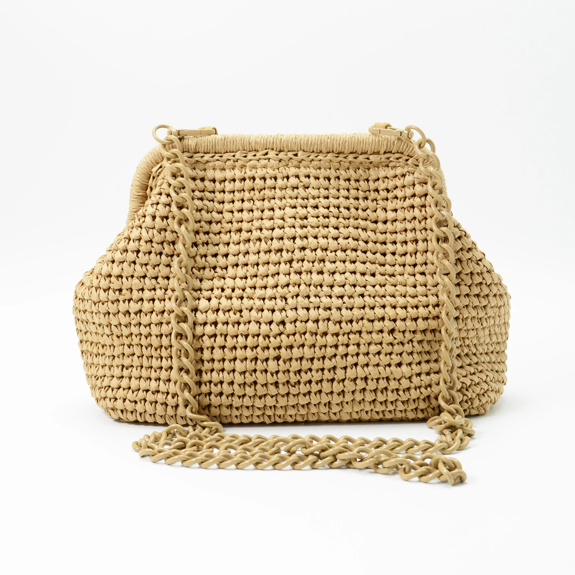 Handmade Crocheted Raffia Straw Clutch Cross Body Metal Chain