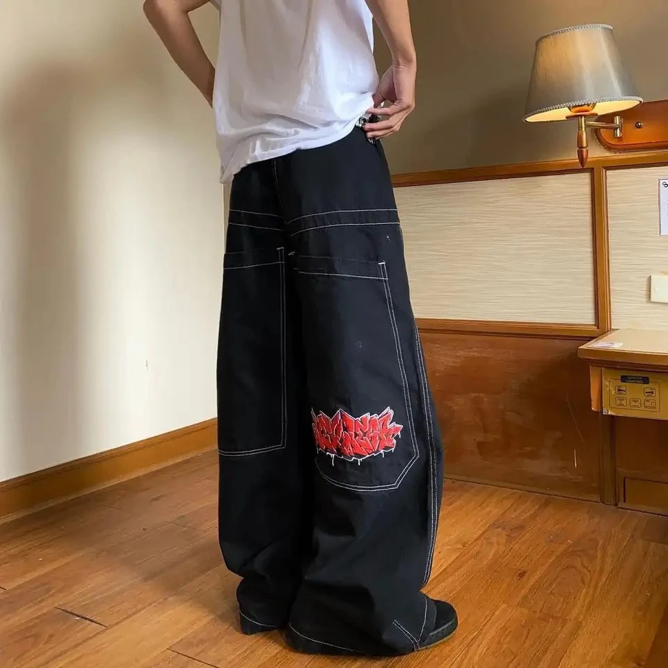 Jnco 남녀공용 트렌디 하이 스트리트 자수 데민 청바지, 힙합 팝 루즈핏 와이드 팬츠, 커플 미들 라이즈 청바지, 7 링