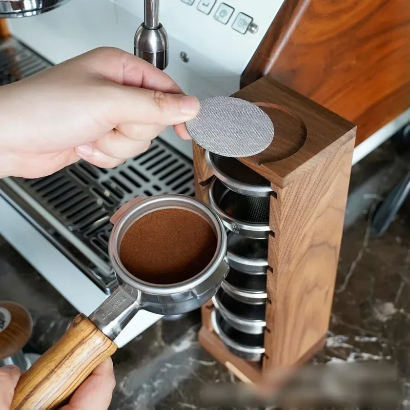 JUSTINLAU Coffee Powder Bowl Storage Rack Walnut Espresso Basket Display Rack Suitable for 51/53/58mm Universal Barista Tools