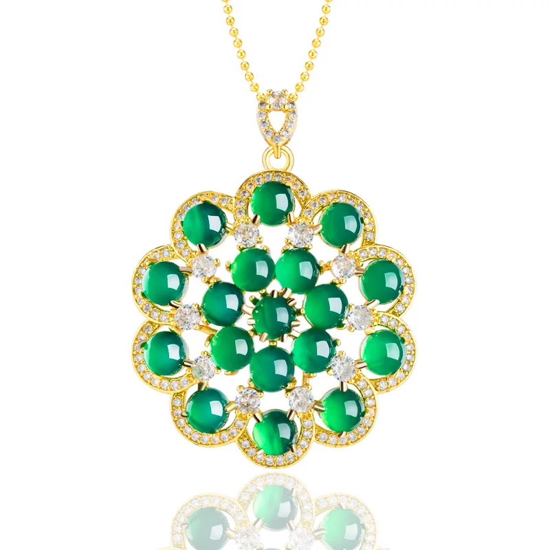 

Natural authentic green agate flower copper gold-plated inlaid with ice seed jade pendant for women, fashionable gift necklace