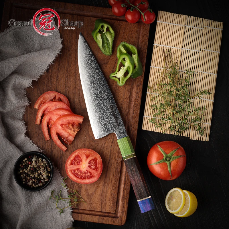 Japanese Damascus Knife 8 Inch Chef Knife Damascus Steel Kitchen Cooking Butcher Tools Wooden Handle Professional Sharp NEW