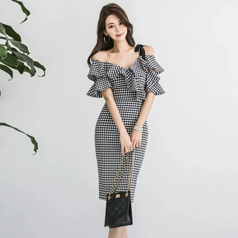 Women Plaid Flounce Neck Dress Off Shoulder Business OL Lady Office Dress Elegant Sexi Party Dinner Date Banquets Koren Dresses