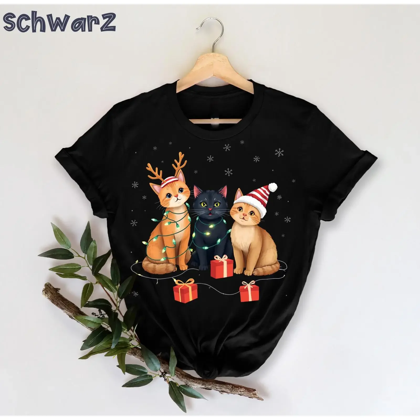 Niedliche Weihnachtskatzen mit Lichterketten, lustiges T-Shirt für Katzenliebhaber, ideal für Katzenbesitzer, Winter, Feiertage, lässiger Vintage-Look, gewaschen.