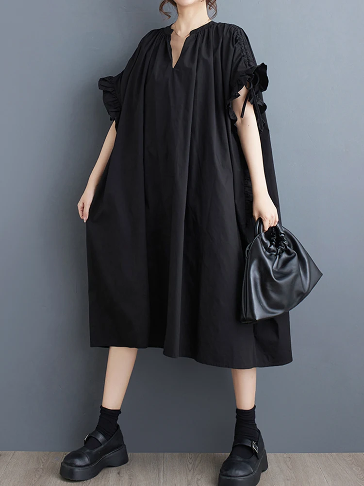 XITAO V-neck Solid Color Loose Dress Edible Fungus Drawstring Temperament All-match Slimming 2024 Women New Dress WLD20131