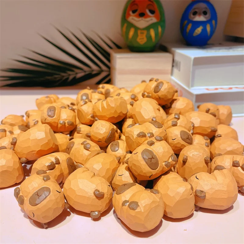 Capibala Cute Animal Small Model Statue Solid Capybara Wood Carving Home Room Office Car Decoration Accessories