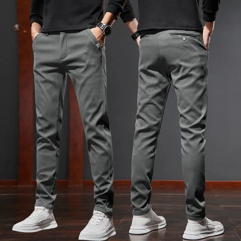 

Autumn Trend Fashion Solid Color Straight Pants Male Clothes Simplicity All-match Casual Elastic Slim Pockets Trousers for Men