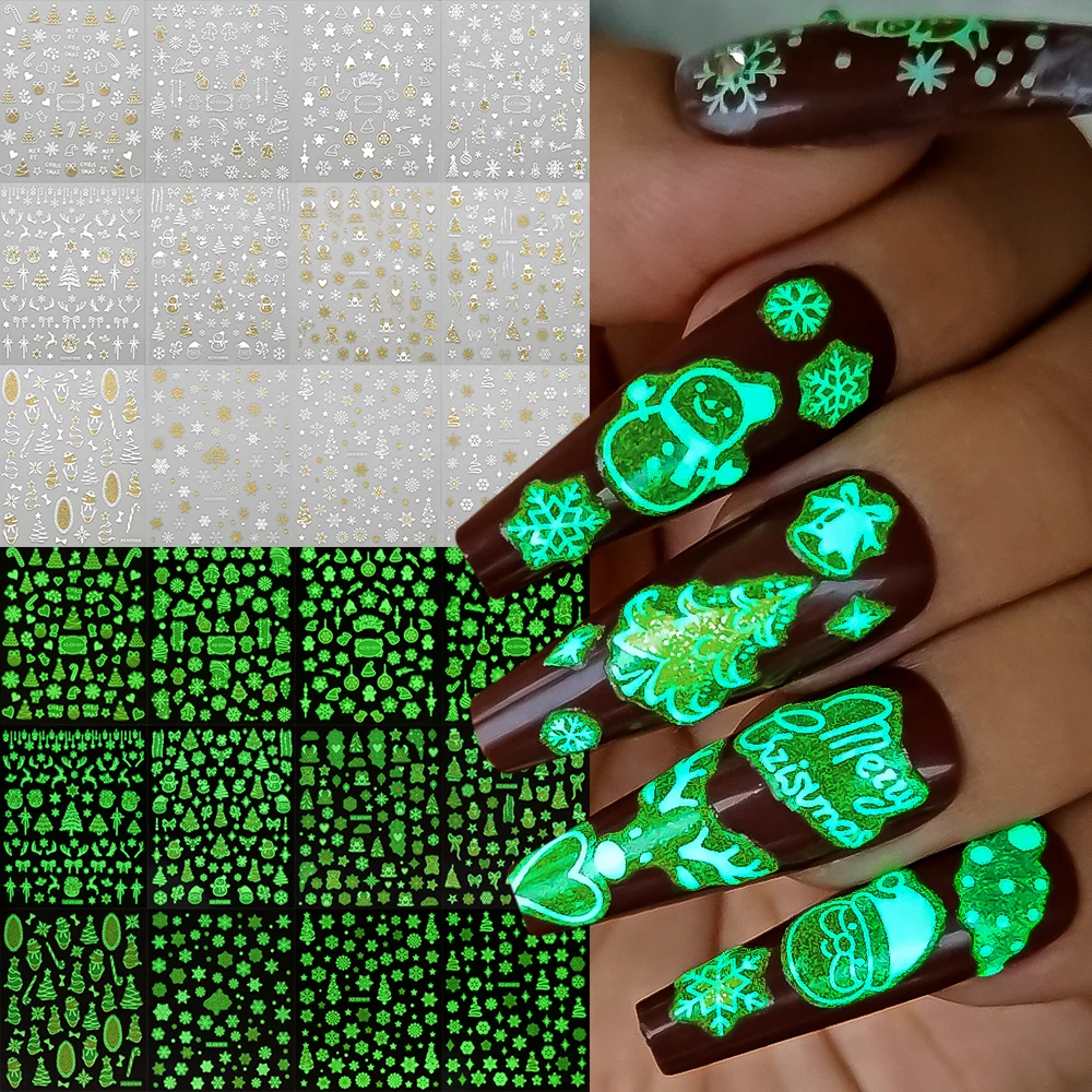 12Pcs/Set 3D Luminous Christmas Snowflakes Nail Stickers Snowman Elk Xmas Tree Bow Bell Nail Decals Winter Nail Art Decorations