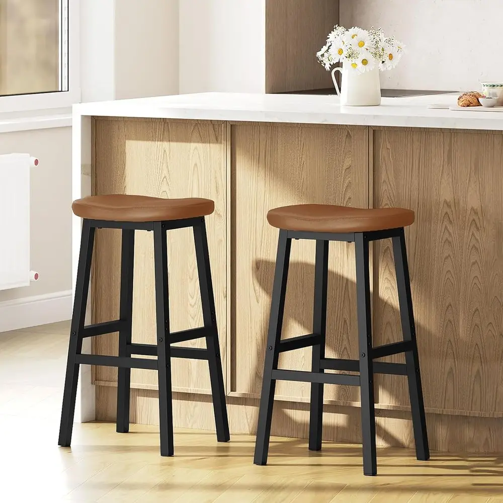 Pair of Saddle-Style Bar Stools, Brown & Black, Curved Seat, Counter Height, with Footrests, Suitable for Kitchen, Dining, and L
