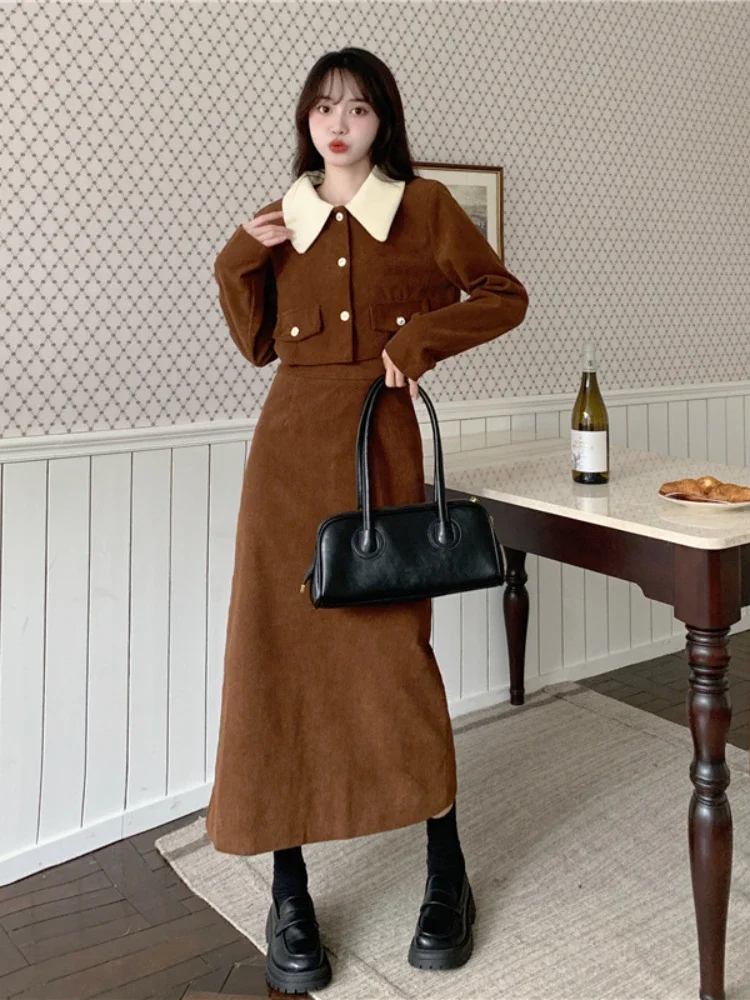 Fashion Two Piece Set Autumn New Corduroy Versatile Solid Lapel Button Pocket Small Fragrant Coat Slim A-line Half Length Skirt