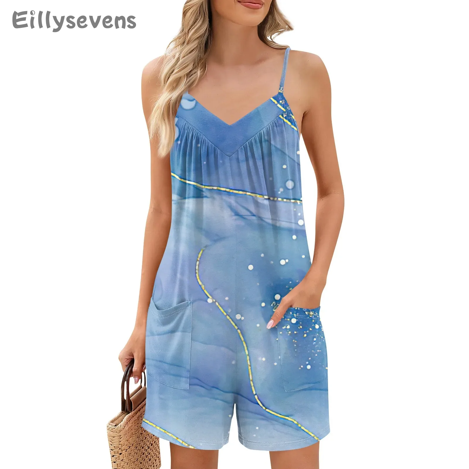 

Women Suspender jumpsuit Summer Stone Stripe Gradient Print Jumpsuits Loose Casual Playsuits Shorts with pocket traf mujer 2024