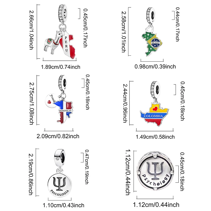 925 Sterling Silver Columbia Brazil Various Countries Charms Beads Fit Original Bracelets Bangles Fine Jewelry Gift