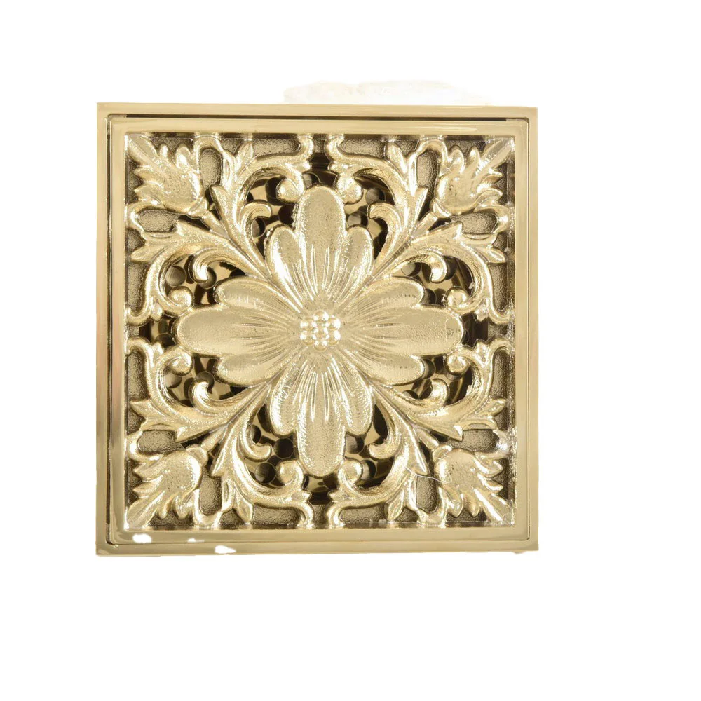 Luxury Gold Color Brass Carved Flower Pattern Bathroom Shower Drain 4