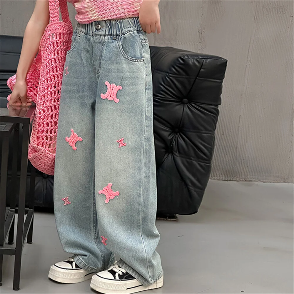 Jeans a gamba dritta per bambini alla moda ricamo asciugamano Jeans per ragazze pantaloni da papà per ragazze pantaloni Casual per bambini 006