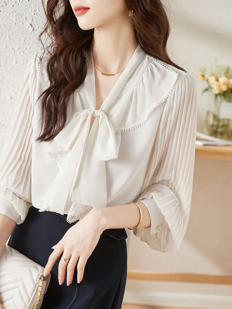 Bow Tie High-end Temperament Shirt Women's Long Sleeved V-neck Ruffled Accordion Pleated Lantern Sleeve Chiffon Top