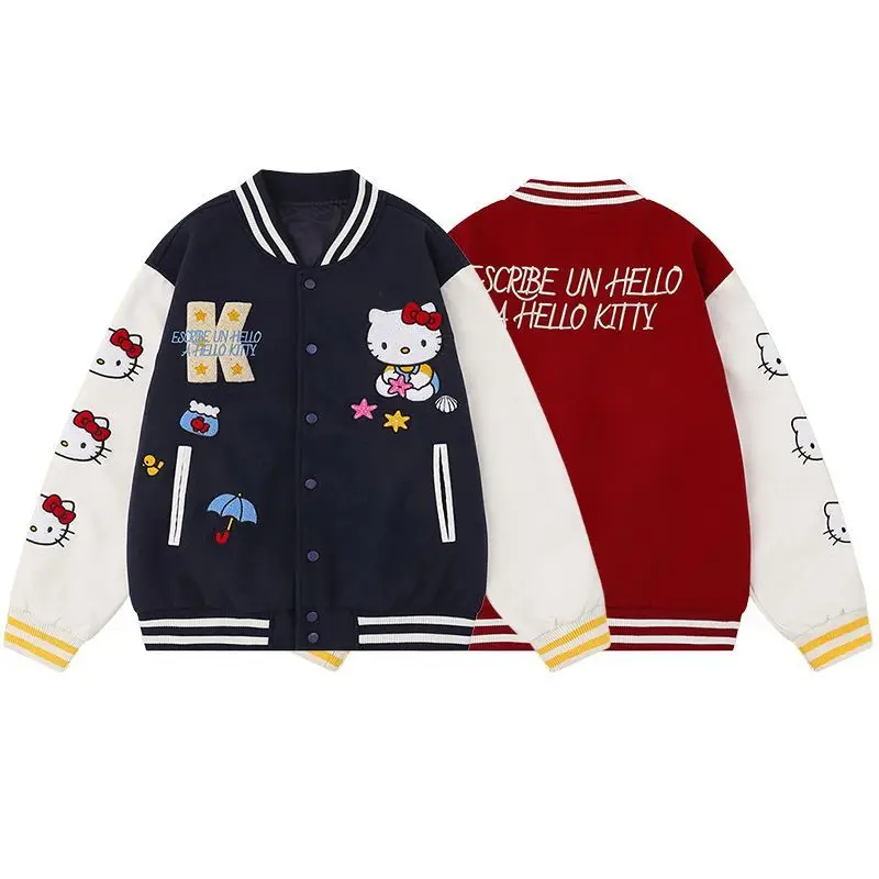 

Бейсбольная куртка с вышивкой «Hello Kitty», пальто для мужчин и женщин, мотоциклы, теплое пальто, кардиган, студенческие свободные топы для пар, одежда, верхняя одежда