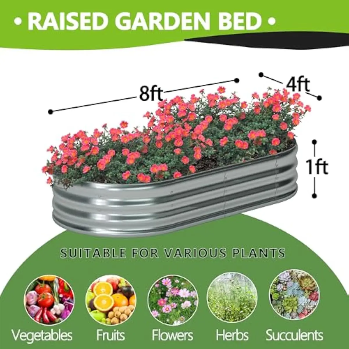 8 ft x 4 ft x 1 ft oval elevated planting structure | galvanized steel construction | rust-proof zinc coating | open-bottom desi