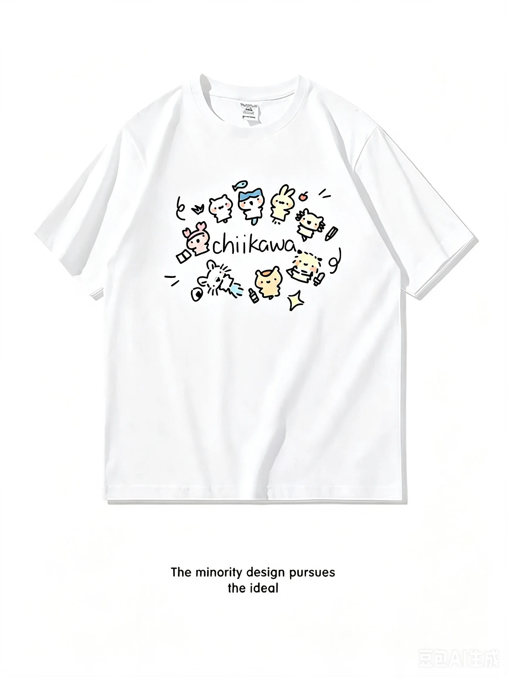 Unisex Heavyweight Oversize Chiikawa Graphic T-shirt Cute Hachiware Double-sided Print Summer Loose Cotton Short Sleeve Tee