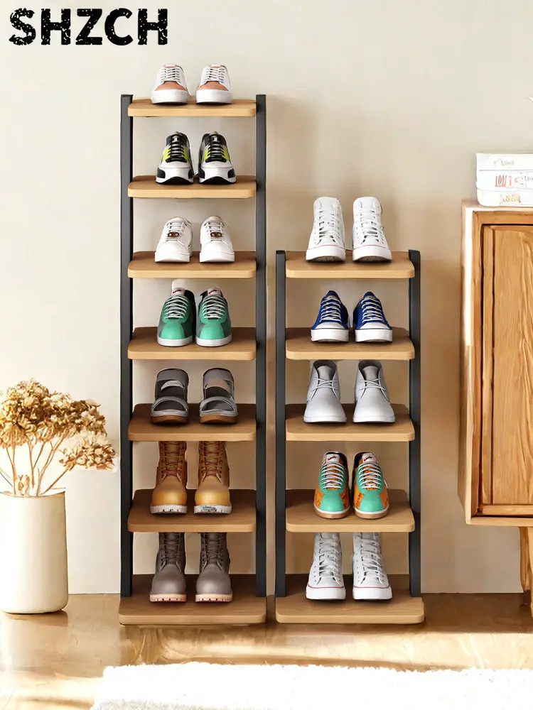 Shoe cabinet small narrow ultra-thin entrance household steel and wood shoe rack outside the door corridor rental house storage