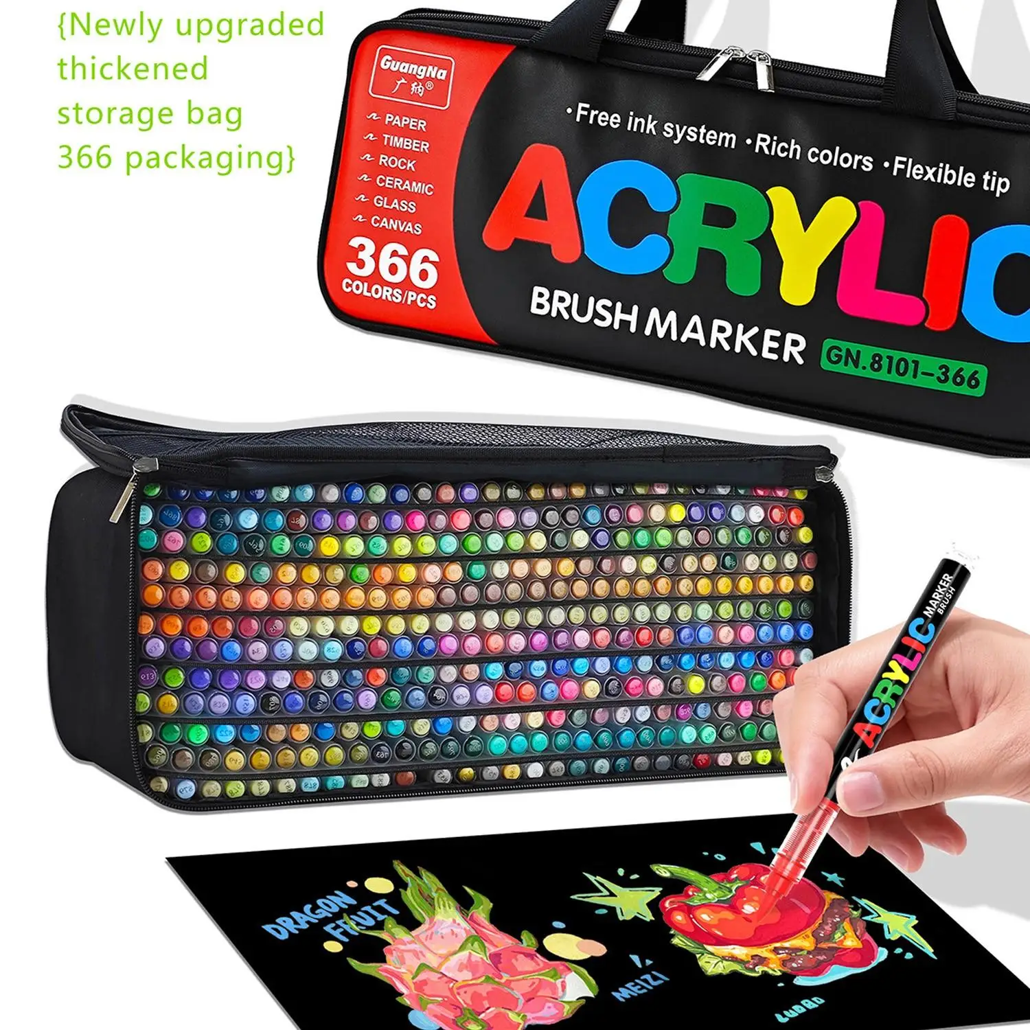 Guangna Brand Classic 366-Color Professional Illustrator Version Acrylic Paint Marker, Direct Liquid Automatic Ink Control Acrylic Paint Marker, a Wide Range of Colors, Felt-Tip (Soft Tip) Design, Elastic Strokes, Can Both Outline Lines and Apply Color over Large Areas, Not Limited to Paper, Also Suitable for Canvas, Stone, Wood, Glass, Ceramics, Fabric, and Other Materials for DIY