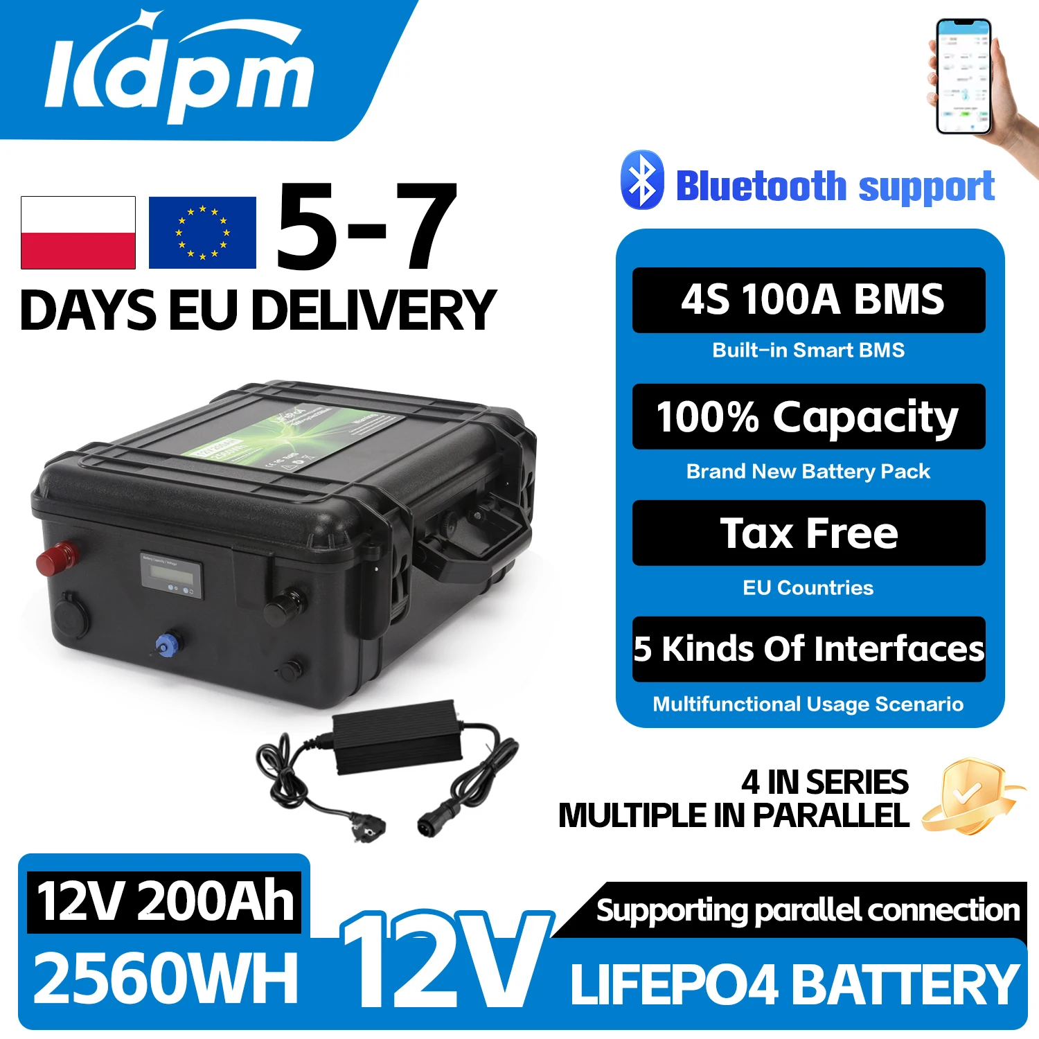 Batteria LiFePO4 12V 100Ah 200Ah 1280Wh 2560Wh con BMS Bluetooth per Motore Barca + Cyns IP56 USB QC Charge, Spedizione Rapida UE (Disponibile in magazzino EU, PL, UA)