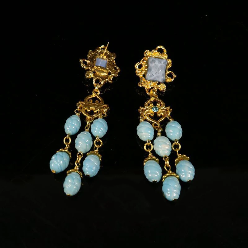 Vintage glass extra-long earrings antique blue bead banquet dinner wedding jewelry