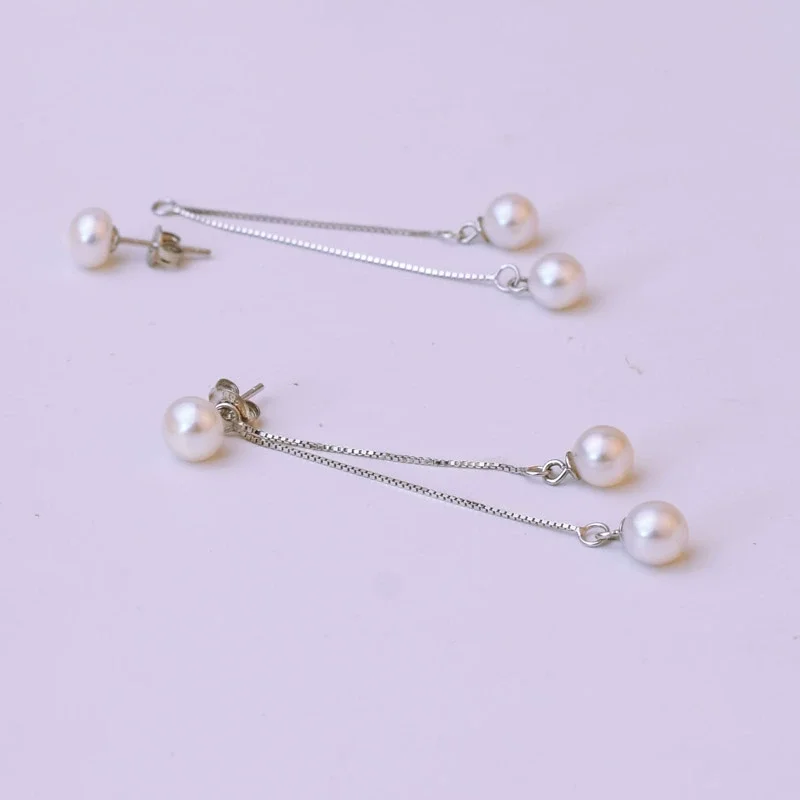 2024 new popular pearl AAAA5-6mm natural Japanese round pearl tassel long earrings, a pair of dual-use 925s